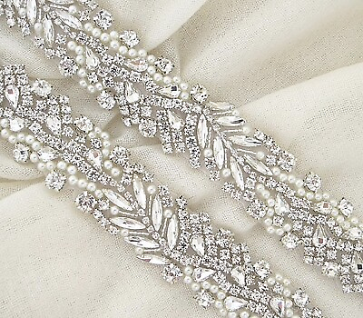 #ad Crystal Rhinestone Applique Silver or Gold Setting w Pearls Bridal Sash Trim $31.99
