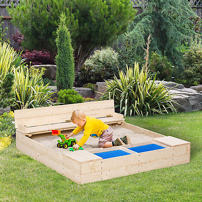 #ad Kids Wooden Sandbox Children Outdoor Backyard Playset w Bench Buckets Sandpit $102.99