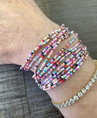 #ad Handmade Glass Bead Stretch Wrap Bracelet Necklace Multi color Pink One Size $11.00