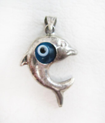 #ad Unique Vintage 925 Sterling Silver Dolphin Pendant With Clear Blue Center Stone $14.99