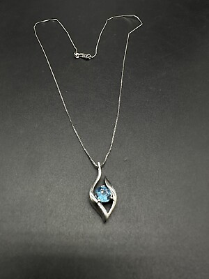 #ad Sterling Silver Necklace Aquamarine Blue Gemstone Birthstone Pendant 18” 3Gs $36.86