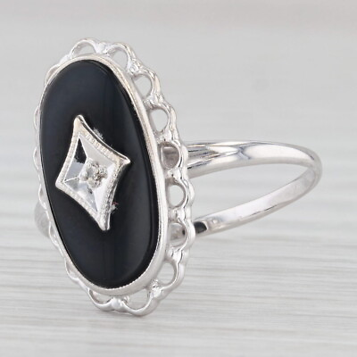 #ad Onyx Oval Cabochon Diamond Signet Ring 10k White Gold Size 7.5 Vintage $149.99