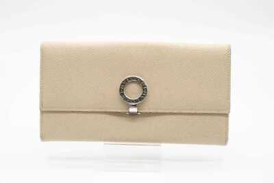 #ad BVLGARI long wallet bi fold logo clip leather beige women#x27;s USED FROM JAPAN $226.00