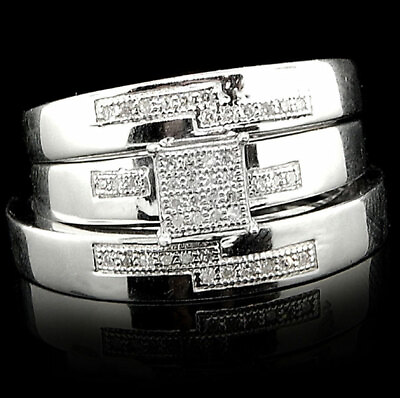 #ad His Her Mens Woman Diamonds Wedding Ring Bands Trio Bridal Set $199.85