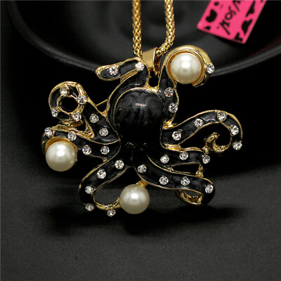 #ad Fashion Women Crystal Pearl Lovely Black Enamel Octopus Pendant Chain Necklace $3.59