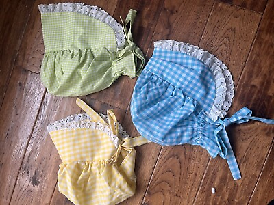 #ad Vintage Three Handmade Women’s Bonnets Checkered Blue Yellow Green Trimmed $32.00