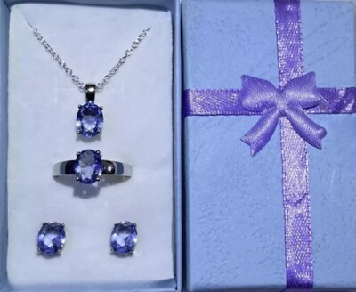 #ad Beautiful Tanzanite Blue Necklace Earrings amp; Ring Size 8 Set $19.00