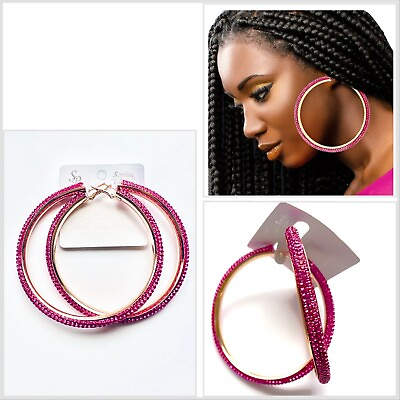 #ad New Fuchsia Pink Crystal Pink Rhinestone Hoop Earrings Large hoop 3.5 inches $11.99
