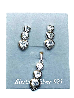 #ad Sterling Silver Triple Heart CZ#x27;s Earring and Pendant Set $21.95