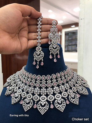 #ad Indian 18k White Filled Big Bollywood Style Choker Necklace Bridal Jewelry Set $299.99