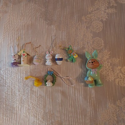 #ad Vintage Group of Wooden Resin Miniature Easter Ornaments BONUS RABBIT BEAR $15.00