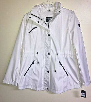 #ad Women#x27;s Jacket Size XL Guess White Hooded Rain Windbreaker Style Zip Snap NWT $84.84