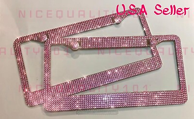 #ad X2 Pink Rose Crystals License Plate Frame Holder Made with Bling Crystals Gem $32.99