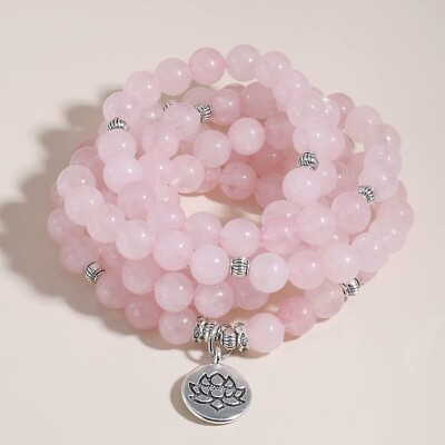 #ad 108 Mala Beads Natural Rose Quartz Stone Beaded Necklace Wrap Bracelet Handmade $15.90