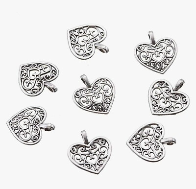 #ad 10pcs Antique Silver Plated Hollow Heart Charms Pendant Jewelry Making DIY 14mm $2.49