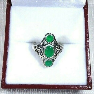 #ad 1.15 ct Natural Green Agate Solid Sterling Silver Filigree Ring Size 7 AU $119.00