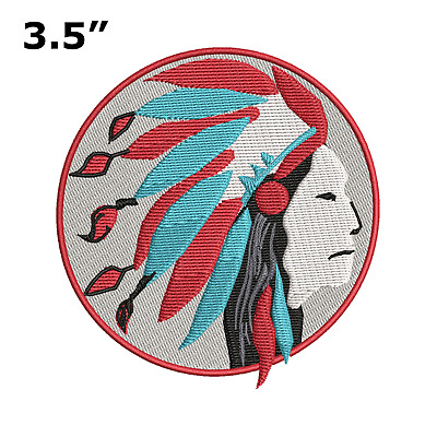 #ad INDIAN CHIEF HEADDRESS EMBLEM PATCH Hook Loop EMBROIDERED RED ROUND LOGO $6.00