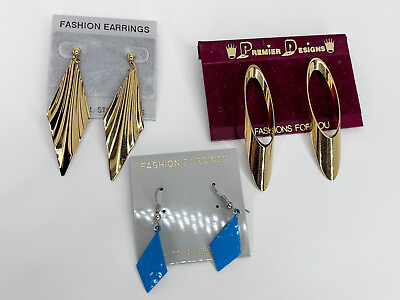 #ad Vintage Fashion Metal Earrings Dangly Blue Gold Tone Lot 3 $19.99