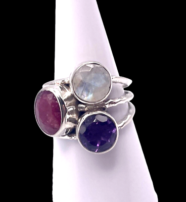 #ad 8mm Ruby 6mm Amethyst 7mm Quartz Ring Real 925 Sterling Silver Size 6 beawen $14.99