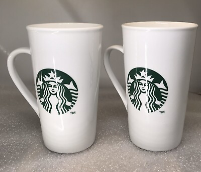 #ad Starbucks Set 2 White Ceramic Coffee Cup Mug 2014 16oz Mermaid Logo 6quot; Tall $19.99