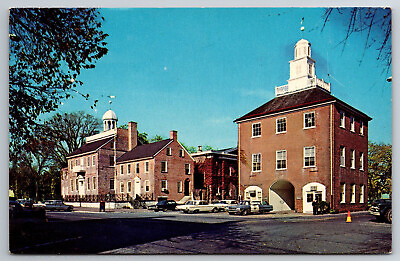 #ad Vintage Postcard DE New Castle Court House Market Building Old Cars Chrome $1.97