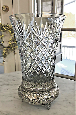 #ad Ornate Hand Cut Glass Vase with Silver Metal Filigree Base India 10.5quot; $45.00