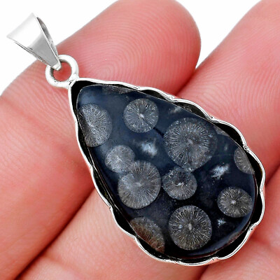 #ad Natural Black Flower Fossil Coral 925 Sterling Silver Pendant Jewelry P 1555 $11.99