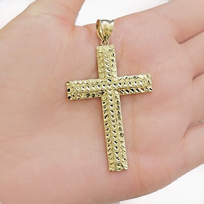 #ad Real 10k Yellow Gold Cross charm pendant plain 2.2quot; diamond cuts jesus cross $256.47