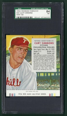 #ad 1954 Red Man NL #12 Curt Simmons With Tab SGC 84 $250.00