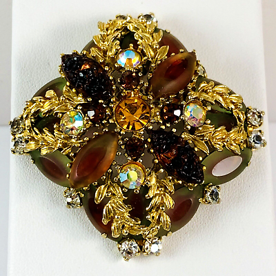 #ad Vintage Maltese Cross Faux Amber Press Glass Rhinestone Gold Brooch Pin $44.99