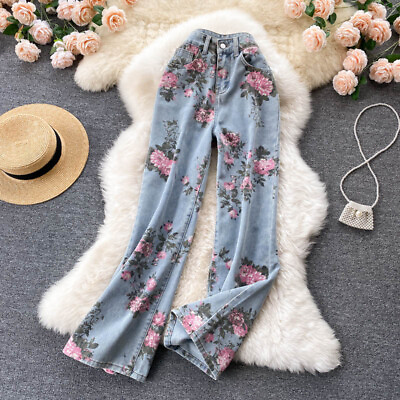 #ad Women Floral Print Jeans Spring Autumn High Waist Drop Pants Straight Jeans $47.42