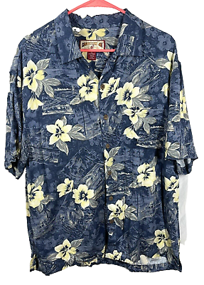 #ad Vintage Caribbean Joe Hawaiian Island Blue Floral Mens Shirt Size Medium Rayon $16.00