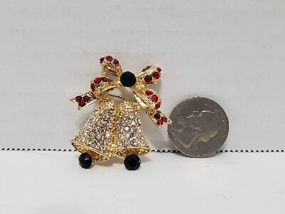 #ad Vintage Brooch Pin Jingle Bells Holly Bow Gold Tone Red Green Rhinestones $9.44