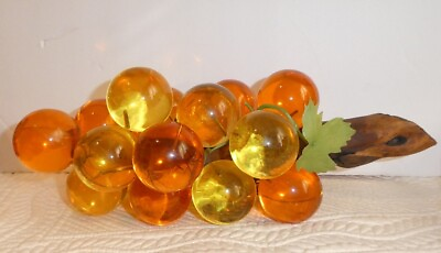 #ad MCM Retro Lucite Acrylic Grapes Orange Amber Yellow Wood Stem Mid Century $55.00