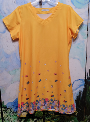 #ad Misslook Womens Yellow Short Sleeve Floral Casual Dress Size XL $15.00