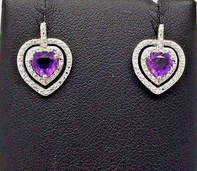 #ad Sterling Silver 925 Heart Purple Amethyst Double Border Stud Post Earrings $15.60