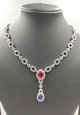 #ad Instant Pink Oval Sapphire Blue Tanzanite With Brilliant CZ Fancy Link Necklace $299.00