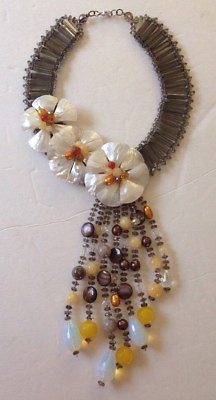 #ad Stunning and Unique Crystal and Shell Floral Design Statement Necklace $115.00
