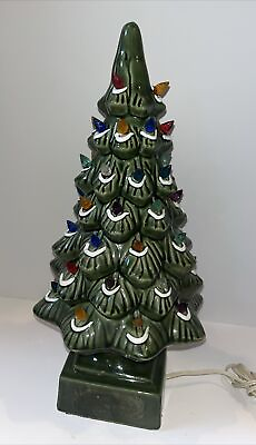 #ad Vintage Green Ceramic Lighted Flocked Christmas Tree 17 1 4quot; Square Base Large $90.19