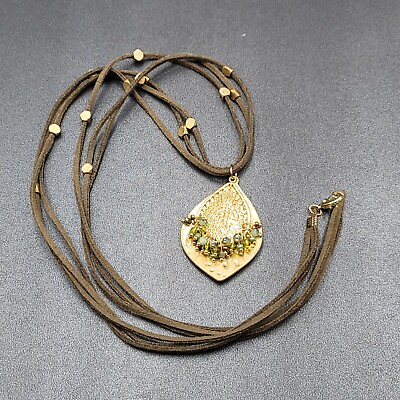 #ad Long Statement Necklace Green Suede Triple Cord Gold tone Pendant 54quot; $18.00