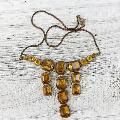 #ad Vintage 1930#x27;s Crystal Amber Rhinestone Drop Necklace Open Back Bezel Brass 15quot; $88.00