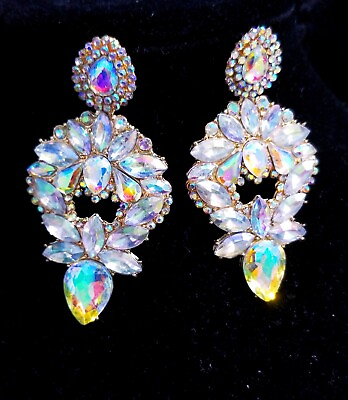 #ad Chandelier Drop Earrings Rhinestone Multi Color AB Iridescent Crystal 3.1 inch $36.29