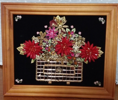 #ad Green and Pink Floral Jeweled Framed Art Jewelry Collage Vintage Jewelry Art $95.00