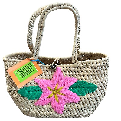 #ad Handmade Mexican Straw Tote Shoulder Bag Flower Handcrafted Tan Pink $22.40