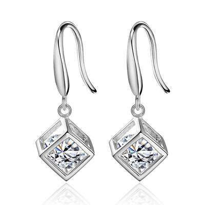 #ad Zircon Cube Dangle Drop 925 Sterling Silver Earrings Womens Fashion Jewelry Gift $5.98