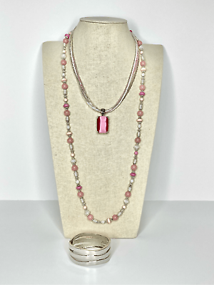 #ad Beaded Pink Necklace Pink Long Necklace Silver Bracelet Jewelry Buy 3 $18 $6.56