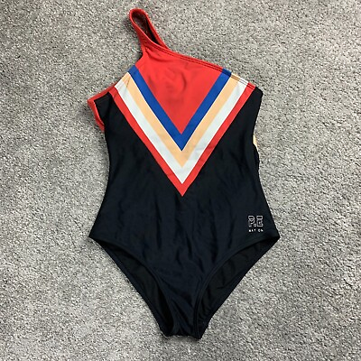 #ad P. E Nation Swimsuit Colorblock Retro One Shoulder Black Red Stripe 2XS Revolve $24.97
