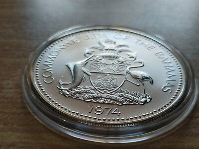#ad CuNi MATTE low mintage PROOF 1974 BAHAMAS $5 Flag Independence Coin amp; Holder $57.42