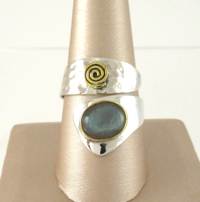 #ad .925 Sterling Silver Labradorite Ring Brass Mixed Metals Bypass Spiral Hammered $39.96