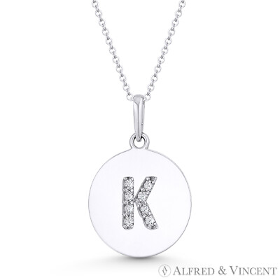 #ad Initial Letter quot;Kquot; CZ Crystal 14k White Gold 18x12mm Round Disc Necklace Pendant $261.74